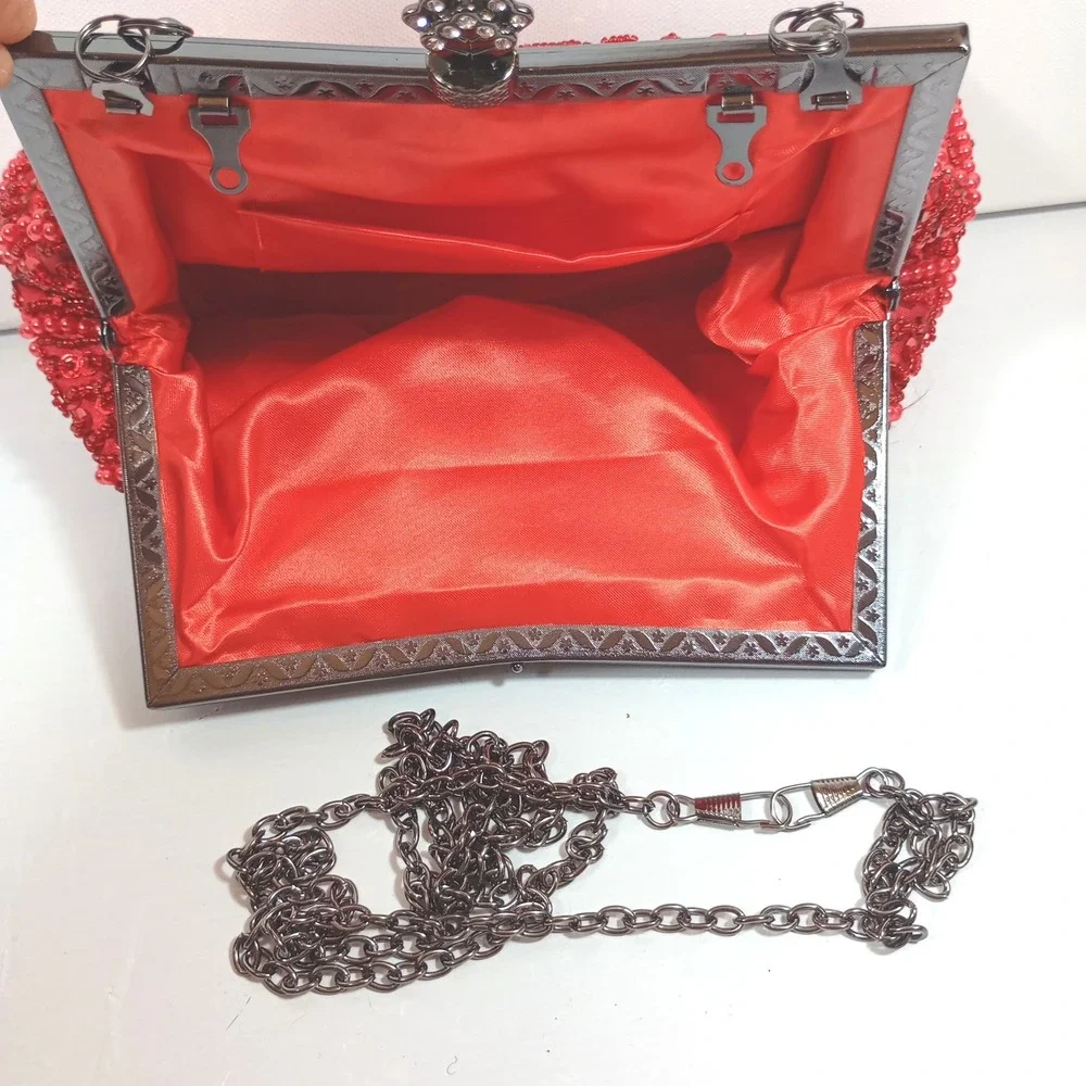 Red Beaded Sequin Evening Clutch Bag Gunmetal Hardware Floral Vintage Style